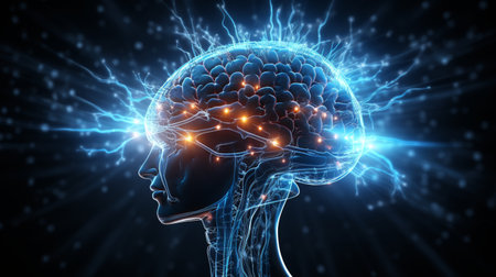 Human brain nervous system and glowing neurons, science concept, power of mindの素材