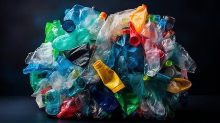 Plastic garbage bags on dark background with copy space. Plastic pollution conceptの素材