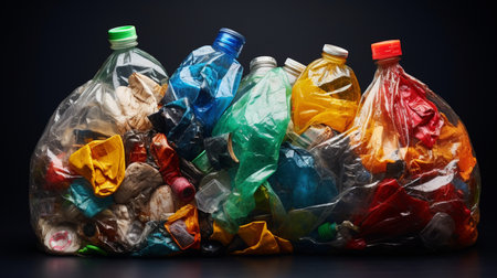Plastic garbage bags and plastic bottles on dark background. Plastic waste recycling concept.の素材