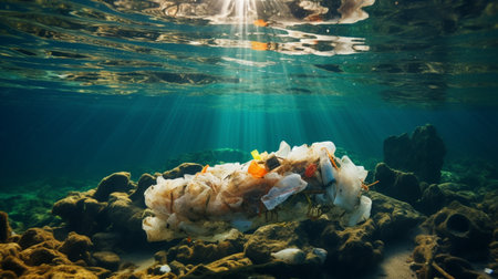 Underwater view of a coral reef with plastic trash and sunbeamsの素材