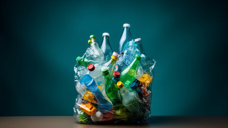 Plastic bottles and other garbage in plastic bag on dark blue backgroundの素材