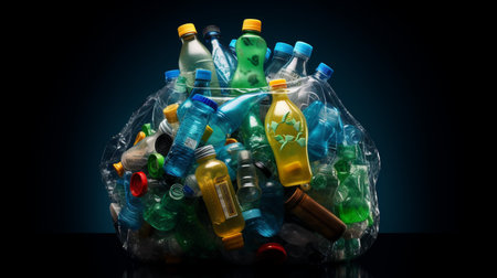 Plastic bottles in garbage bag on dark background. Plastic recycling concept.の素材