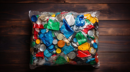 Plastic garbage bags on wooden background. Recycling concept.の素材
