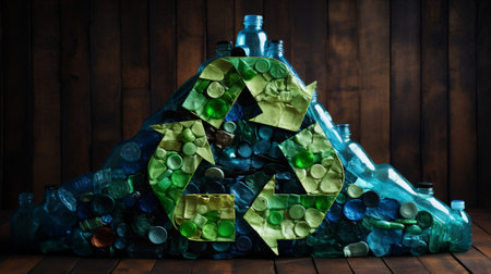Recycling concept. Recycling plastic bottles on wooden backgroundの素材