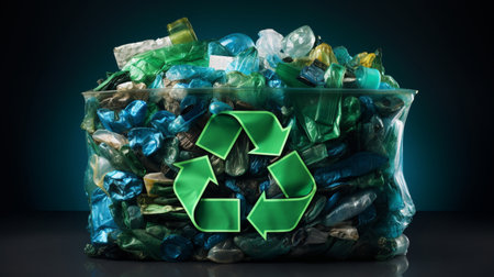 Recycling bin with green recycling symbol on dark blue background.の素材
