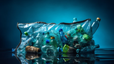 Plastic bottles in garbage bag on dark blue background. Recycling conceptの素材
