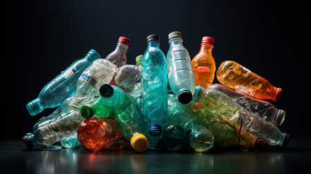 Plastic bottles on dark background. Recycling problem concept.の素材