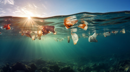 Underwater view of plastic trash floating in the ocean with sun raysの素材