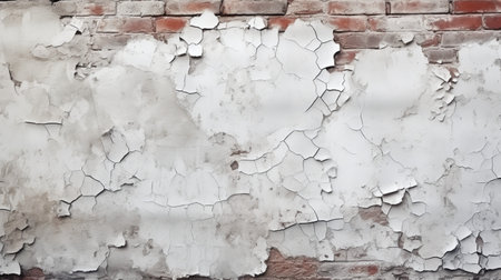 Grunge background of old brick wall with peeling white paintの素材