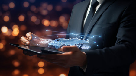 Businessman working with a digital phone or tablet on blurry dark bokeh background, Social media technology conceptの素材