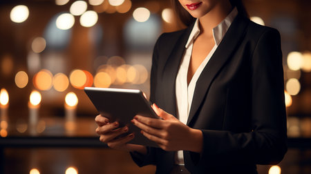 Businessman working with a digital phone or tablet on blurry dark bokeh background, Social media technology conceptの素材