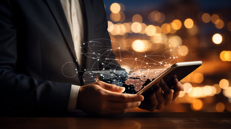 Businessman working with a digital phone or tablet on blurry dark bokeh background, Social media technology conceptの素材
