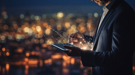 Businessman working with a digital phone or tablet on blurry dark bokeh background, Social media technology conceptの素材