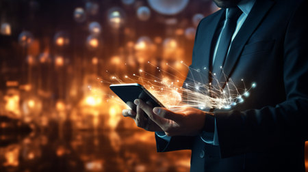 Businessman working with a digital phone or tablet on blurry dark bokeh background, Social media technology conceptの素材