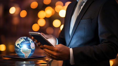 Businessman working with a digital phone or tablet on blurry dark bokeh background, Social media technology conceptの素材