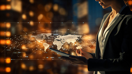 Businessman working with a digital phone or tablet on blurry dark bokeh background, Social media technology conceptの素材