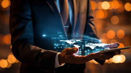 Businessman working with a digital phone or tablet on blurry dark bokeh background, Social media technology conceptの素材