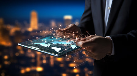 Businessman working with a digital phone or tablet on blurry dark bokeh background, Social media technology conceptの素材