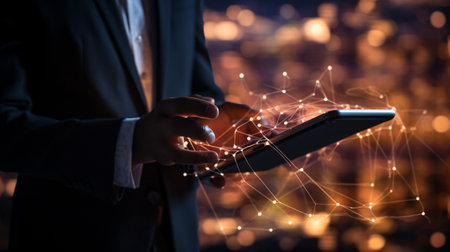 Businessman working with a digital phone or tablet on blurry dark bokeh background, Social media technology conceptの素材