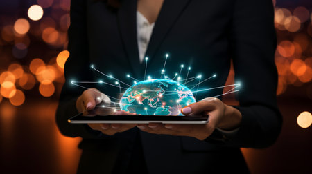 Businessman working with a digital phone or tablet on blurry dark bokeh background, Social media technology conceptの素材