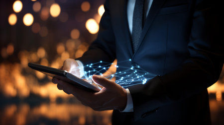 Businessman working with a digital phone or tablet on blurry dark bokeh background, Social media technology conceptの素材