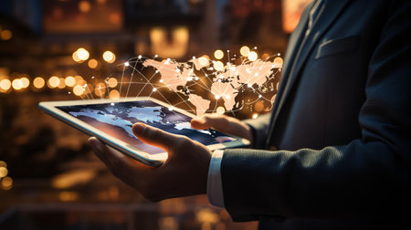 Businessman working with a digital phone or tablet on blurry dark bokeh background, Social media technology conceptの素材