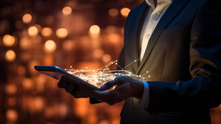 Businessman working with a digital phone or tablet on blurry dark bokeh background, Social media technology conceptの素材