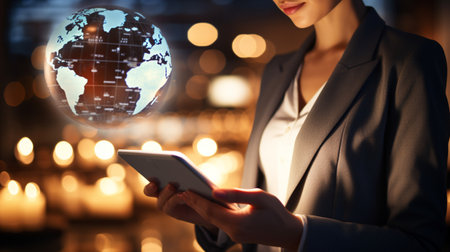 Businessman working with a digital phone or tablet on blurry dark bokeh background, Social media technology conceptの素材