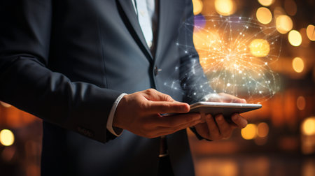 Businessman working with a digital phone or tablet on blurry dark bokeh background, Social media technology conceptの素材