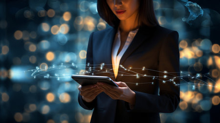 Businessman working with a digital phone or tablet on blurry dark bokeh background, Social media technology conceptの素材