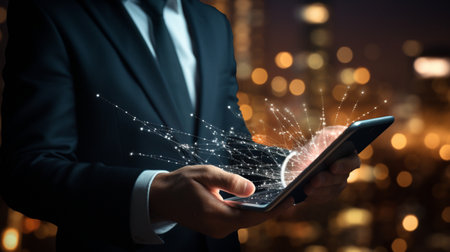 Businessman working with a digital phone or tablet on blurry dark bokeh background, Social media technology conceptの素材