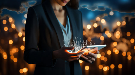Businessman working with a digital phone or tablet on blurry dark bokeh background, Social media technology conceptの素材