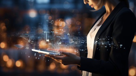 Businessman working with a digital phone or tablet on blurry dark bokeh background, Social media technology conceptの素材