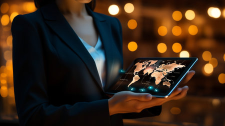 Businessman working with a digital phone or tablet on blurry dark bokeh background, Social media technology conceptの素材
