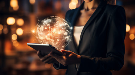 Businessman working with a digital phone or tablet on blurry dark bokeh background, Social media technology conceptの素材