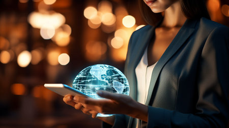 Businessman working with a digital phone or tablet on blurry dark bokeh background, Social media technology conceptの素材