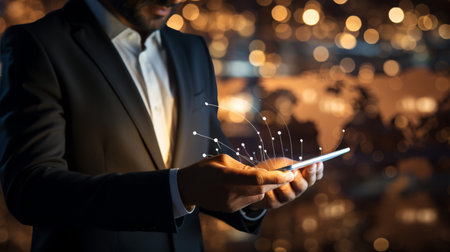Businessman working with a digital phone or tablet on blurry dark bokeh background, Social media technology conceptの素材