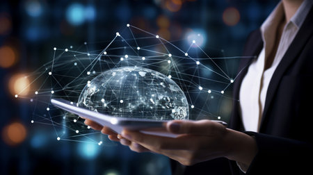 Businessman working with a digital phone or tablet on blurry dark bokeh background, Social media technology conceptの素材