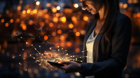 Businessman working with a digital phone or tablet on blurry dark bokeh background, Social media technology conceptの素材