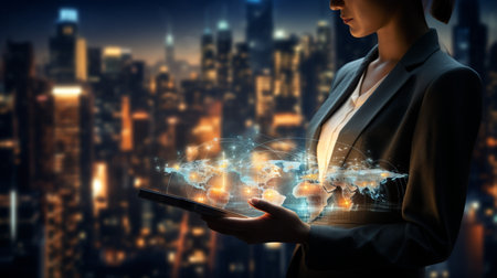 Businessman working with a digital phone or tablet on blurry dark bokeh background, Social media technology conceptの素材