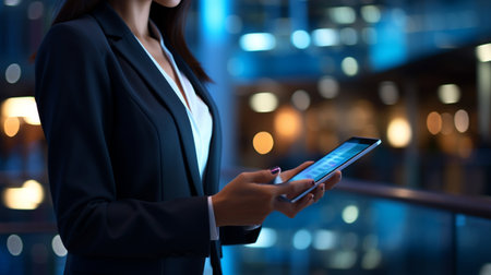 Businessman working with a digital phone or tablet on blurry dark bokeh background, Social media technology conceptの素材