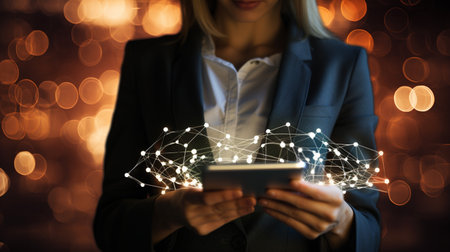 Businessman working with a digital phone or tablet on blurry dark bokeh background, Social media technology conceptの素材