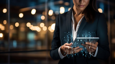 Businessman working with a digital phone or tablet on blurry dark bokeh background, Social media technology conceptの素材