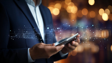 Businessman working with a digital phone or tablet, Social media technology conceptの素材