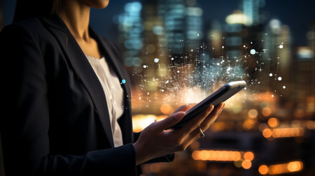 Businessman working with a digital phone or tablet on blurry dark bokeh background, Social media technology conceptの素材