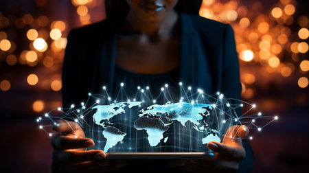 Businessman working with a digital phone or tablet on blurry dark bokeh background, Social media technology conceptの素材