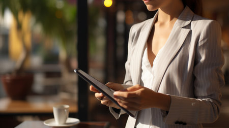 Businessman working with a digital phone or tablet, Social media technology conceptの素材