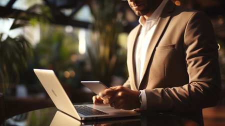 Businessman working with a digital phone or tablet, Social media technology conceptの素材
