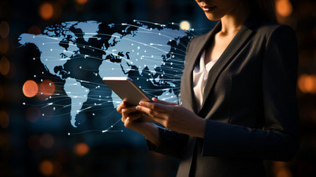 Businessman working with a digital phone or tablet on blurry dark bokeh background, Social media technology conceptの素材