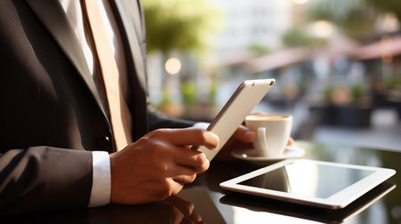 Businessman working with a digital phone or tablet, Social media technology conceptの素材